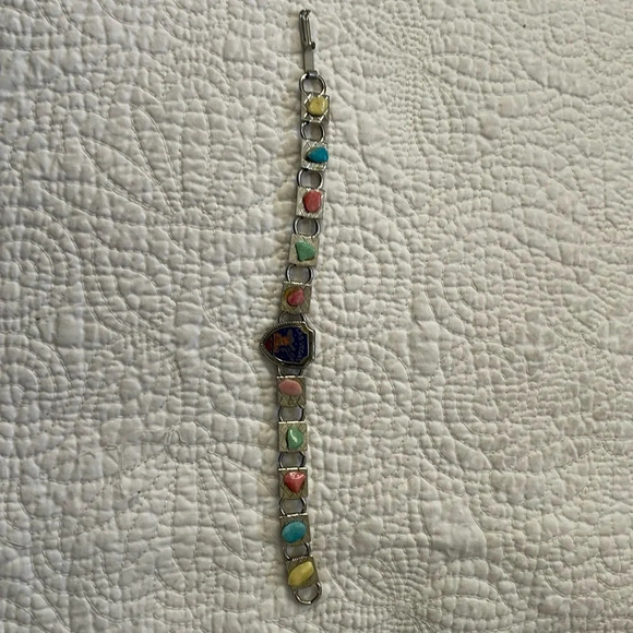 Vintage Las Vegas Bracelet Womens Silver Tone Semiprecious Stones Foldover Clasp - Picture 3 of 7